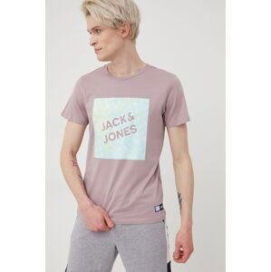 Bavlnené tričko Jack & Jones fialová farba, s potlačou