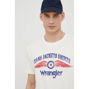 Bavlnené tričko Wrangler béžová farba, s potlačou