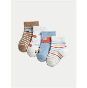 Súprava štyroch párov detských vzorovaných ponožiek v hnedej, bielej a modrej farbe Marks & Spencer