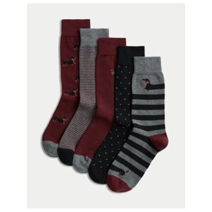 Súprava piatich párov pánskych vzorovaných ponožiek v šedej, vínovej a čiernej farbe Marks & Spencer