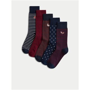 Súprava piatich párov pánskych vzorovaných ponožiek v tmavo modrej a vínovej farbe Marks & Spencer