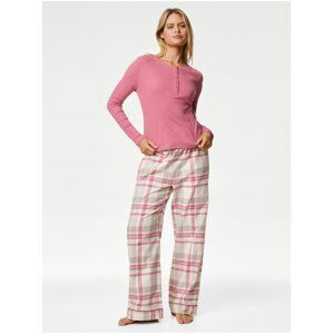 Krémovo-ružové dámske kockované pyžamo Marks & Spencer