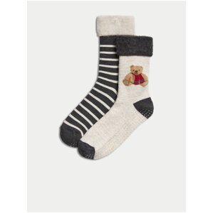 Sada dvoch párov dámskych ponožiek v krémovej a šedej farbe s motívom Spencer Bear™ Marks & Spencer