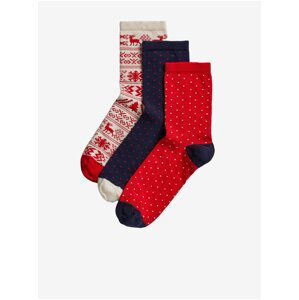 Sadamtroch párov dámskych ponožiek s vianočným motívom v červenej, tmavomodrej a krémovej farbe Marks & Spencer