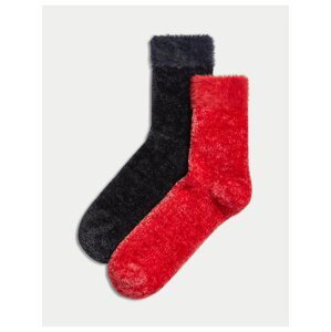 Sada dvoch párov dámskych zamatových ponožiek v červenej a čiernej farbe Marks & Spencer