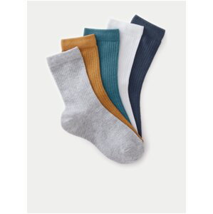 Sada piatich párov detských rebrovaných ponožiek v šedej, horčicovej, petrolejovej, bielej a tmavošedej farbe Marks & Spencer