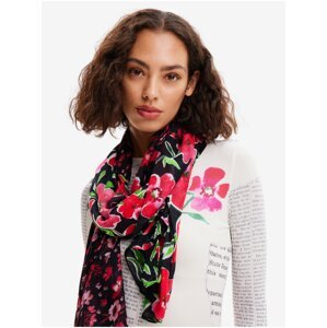 Čierno-červená dámska kvetovaná šatka Desigual Half Floral Rectangle