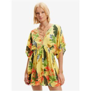 Žlté dámske kvetované plážové šaty Desigual Top Tropical Party