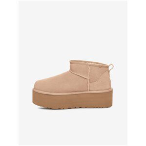 Béžové dámske semišové snehule na platforme UGG Classic Ultra Mini Platform