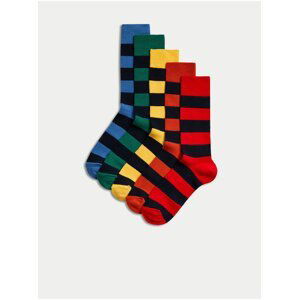 Súprava piatich párov pruhovaných ponožiek v modrej, žltej a červenej farbe Marks & Spencer Cool & Fresh™