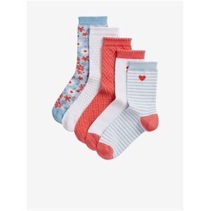 Súprava piatich párov dievčenských vzorovaných ponožiek v červenej, bielej, šedej a svetlo modrej farbe Marks & Spencer