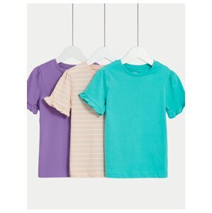 Sada troch dievčenských tričiek s volánikmi v tyrkysovej, ružovej a fialovej farbe Marks & Spencer