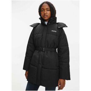 Čierny dámsky prešívaný zimný kabát s kapucou Calvin Klein