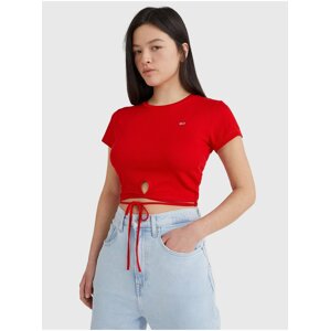 Červené dámske rebrované cropped tričko so zaväzovaním v páse Tommy Jeans