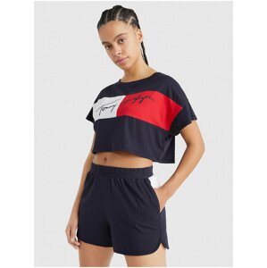 Tmavomodré dámske vzorované cropped tričko Tommy Hilfiger