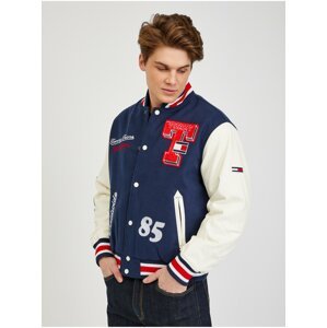 Bielo-modrý pánsky vzorovaný bomber s prímesou vlny Tommy Jeans