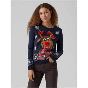 Tmavo modrý dámsky sveter s vianočným motívom VERO MODA New Frosty Deer