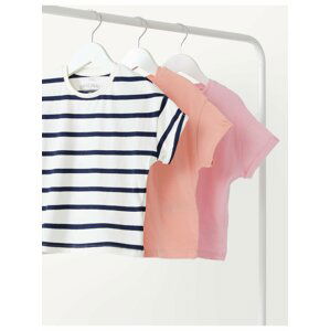 Súprava troch dievčenských tričiek v ružovej a bielej farbe Marks & Spencer