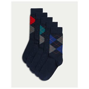 Súprava piatich párov pánskych vzorovaných ponožiek v tmavo modrej farbe Marks & Spencer