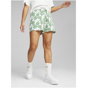 Bielo-zelené dámske vzorované teplákové kraťasy Puma ESS+ Blossom 5" AOP Shorts TR