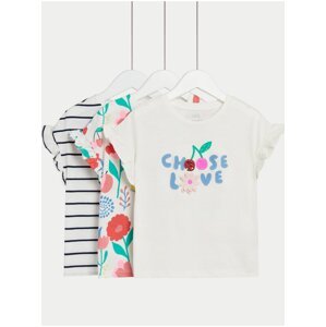 Súprava troch dievčenských vzorovaných tričiek v krémovej a bielej farbe Marks & Spencer