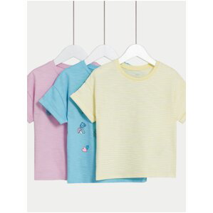 Súprava troch dievčenských tričiek v ružovej, modrej a žltej farbe Marks & Spencer