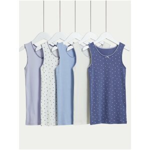 Súprava piatich dievčenských vzorovaných tielok v modrej, fialovej a bielej farbe Marks & Spencer