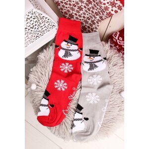 Sivo-červené vzorované ponožky Vianoční snehuliaci