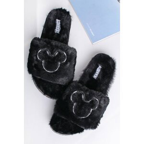Čierne kožušinové šľapky Mickey Mouse