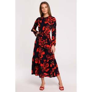 Červeno-čierne kvetované maxi šaty S307