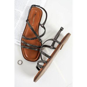 Tmavostrieborné kožené sandále s ozdobnými kamienkami 1-28132