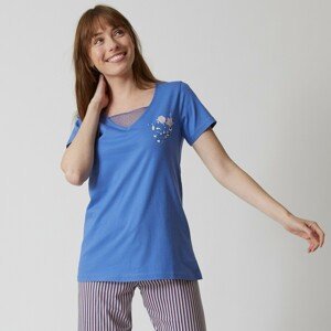 Blancheporte Pyžamové tričko s krátkymi rukávmi a potlačou kvetín modrá džínsová 34/36