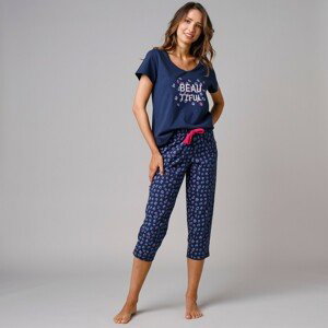 Blancheporte Pyžamové tričko s krátkymi rukávmi a stredovou potlačou "Beautiful" nám.modrá 50