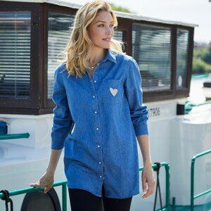 Blancheporte Dlhá košeľa s výšivkou "srdce", džínsovina zapratá modrá 48